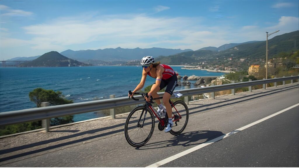 Eine Person trainiert auf einem Rennrad für den Triathlon.